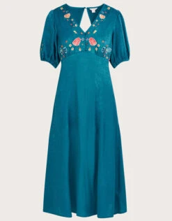 MONSOON Juliette Embroidered Jacquard Midi Dress In Recycled Polyester Teal -Amour Fashion 01 34102379 4
