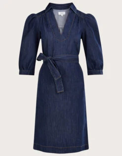 MONSOON Denim V-Neck Belted Midi Dress Blue -Amour Fashion 01 34106539 4