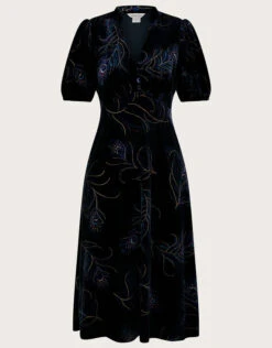 MONSOON Fleur Feather Print Velvet Midi Dress Black -Amour Fashion 01 34170001 4