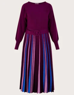 MONSOON Slash Neck Pleated Skirt Dress With LENZING™ ECOVERO™ Purple -Amour Fashion 01 45129904 4