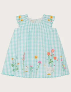 MONSOON Baby Gingham Floral Embroidered Dress Blue