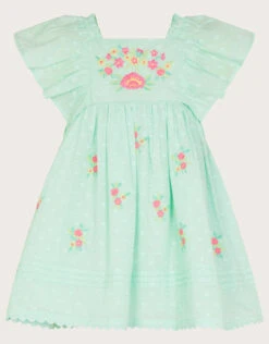MONSOON Baby Dobby Embroidered Floral Dress Blue