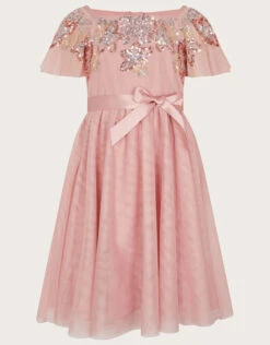 MONSOON Embellished Sequin Flutter Sleeve Dress Pink