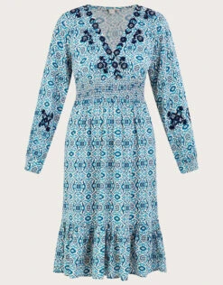MONSOON Faye Geometric Print Embroidered Dress In LENZING™ ECOVERO™ Blue -Amour Fashion 01 54017902 5