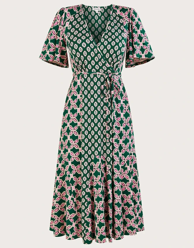 MONSOON Contrast Geometric Print Wrap Midi Dress Green 7 MONSOON Contrast Geometric Print Wrap Midi Dress Green - Image 5