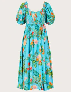 MONSOON Limella Floral Print Shirred Dress In Sustainable Viscose Blue -Amour Fashion 01 54087302 5