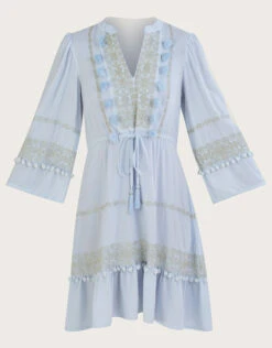 MONSOON Embroidered Pom-Pom Kaftan Dress In LENZING™ ECOVERO™ Blue -Amour Fashion 01 54143402 4