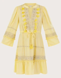MONSOON Embroidered Pom-Pom Kaftan Dress In LENZING™ ECOVERO™ Yellow -Amour Fashion 01 54143414 5