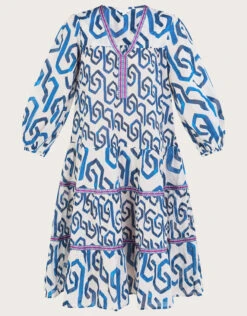 MONSOON Geometric Print Kaftan Dress In Sustainable Cotton Blue -Amour Fashion 01 54150432 4