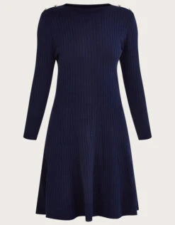 MONSOON Button Detail Ribbed Fit And Flare Dress With Recycled Polyester Blue -Amour Fashion 01 54179361 5