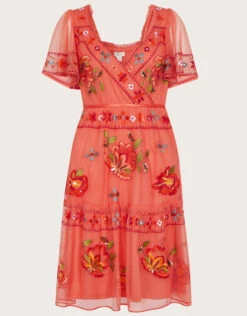 MONSOON Ana Embroidered Tiered Dress In Recycled Polyester Orange -Amour Fashion 01 54287915 5