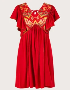 MONSOON Embroidered Ruffle Sleeve Jersey Dress Red -Amour Fashion 01 54294109 5