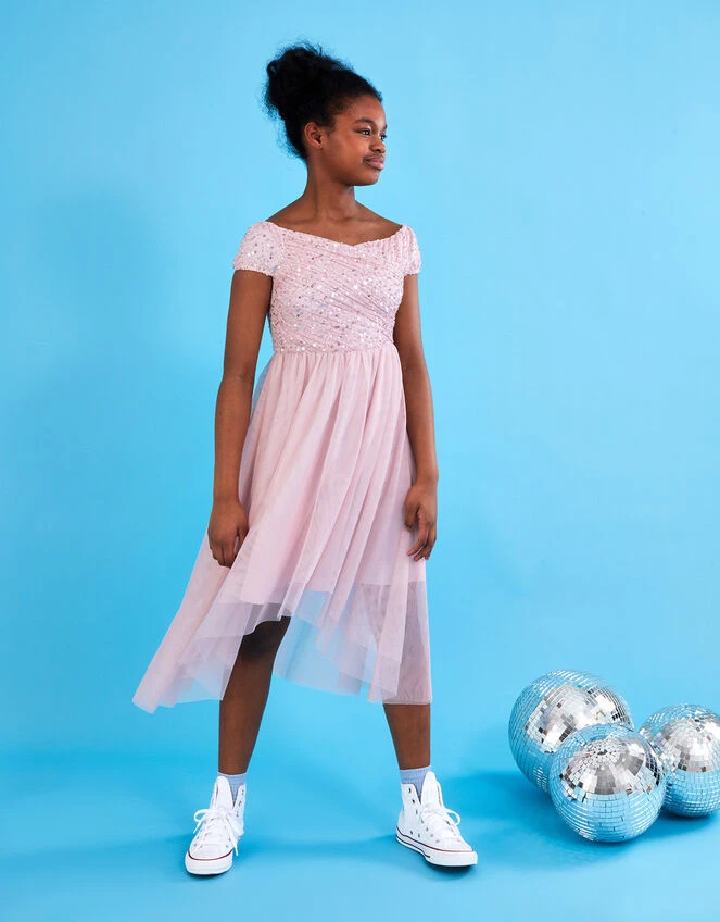 MONSOON Abigail Sequin Bardot Prom Dress Pink 4 MONSOON Abigail Sequin Bardot Prom Dress Pink - Image 2