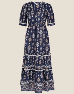 MONSOON V-Neck Button Ikat Print Midi Dress In Sustainable Cotton Blue -Amour Fashion 03 34080061 4