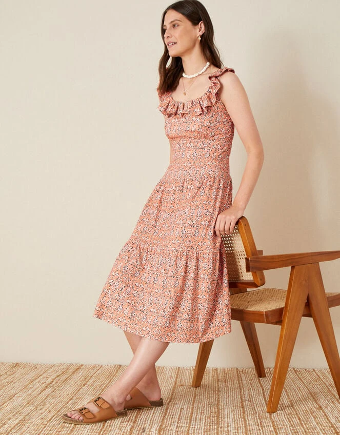 MONSOON Ruffle Neck Printed Jersey Dress Orange 3 MONSOON Ruffle Neck Printed Jersey Dress Orange