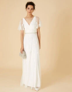 MONSOON Gillian Spot Mesh Embellished Bridal Dress Ivory
