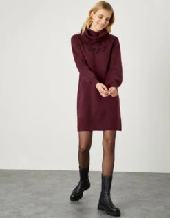MONSOON Embroidered Cowl Neck Dress Red