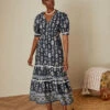 MONSOON V-Neck Button Ikat Print Midi Dress In Sustainable Cotton Blue -Amour Fashion 21 34080061 1