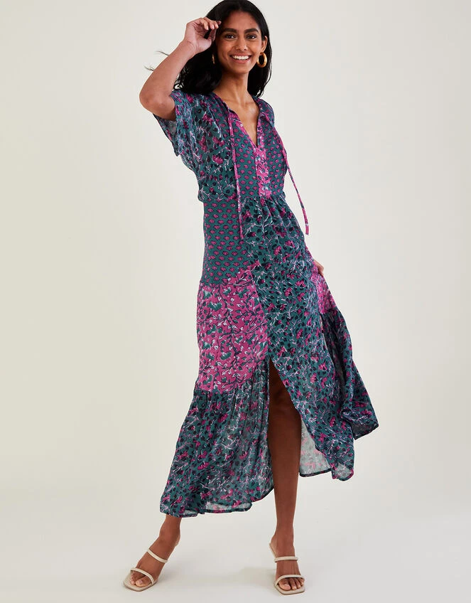 MONSOON Artisan Bloom Print Short Sleeve Midi Dress Blue 3 MONSOON Artisan Bloom Print Short Sleeve Midi Dress Blue