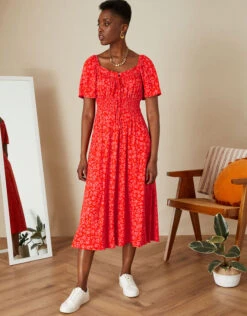 MONSOON Ditsy Print Angel Sleeve Midi Jersey Dress Red