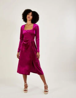 Amour Fashion 38 MONSOON Rachel Velvet Midi Dress With Recycled Polyester Pink