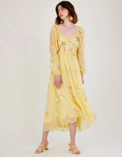 MONSOON Heidi Embellished Midi Dress In Recycled Polyester Yellow