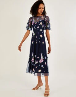 MONSOON Paula Embellished Midi Dress In Recycled Polyester Blue