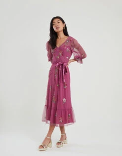 MONSOON Sabrina Embellished Midi Dress Pink