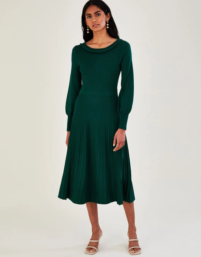 MONSOON Pleat Trim Slash Neck Midi Dress Green 3 MONSOON Pleat Trim Slash Neck Midi Dress Green
