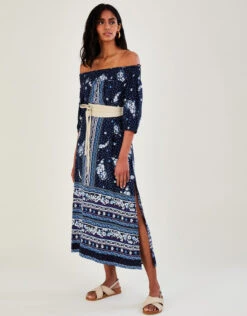 MONSOON Printed Shirred Off-Shoulder Dress In LENZING™ ECOVERO™ Blue -Amour Fashion 21 34738261 1