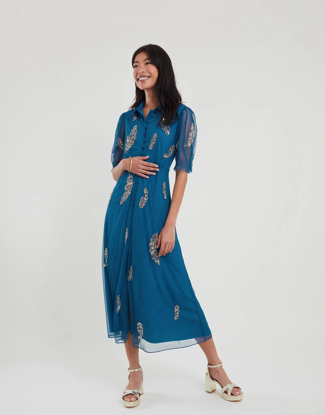 MONSOON Melissa Feather Embellished Shirt Dress Blue 3 MONSOON Melissa Feather Embellished Shirt Dress Blue