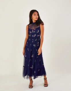 MONSOON Suzie Spot Mesh Embellished Midi Dress Blue