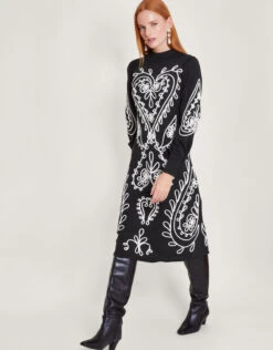 MONSOON Heart Cornelli Embroidery Knit Dress Black