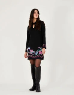MONSOON Embroidered Short Tunic Dress With Recycled Polyester Black