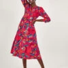 MONSOON Flavia Feather Print Midi Dress Red -Amour Fashion 21 54010209 1
