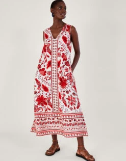 MONSOON Print Midi Dress In Linen Blend Red -Amour Fashion 21 54020809 1