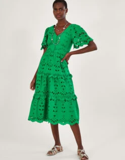 MONSOON V-Neck Tiered Broderie Dress Green -Amour Fashion 21 54024107 1