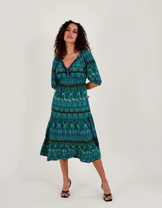 MONSOON Tiered Leaf Print Midi Jersey Dress With Sustainable Cotton Green 3 MONSOON Tiered Leaf Print Midi Jersey Dress With Sustainable Cotton Green