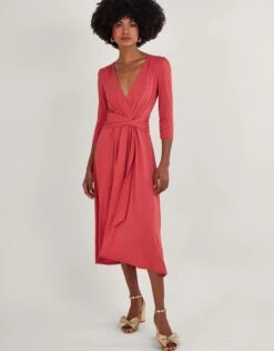 MONSOON Jersey Wrap Front V-Neck Dress With Recycled Polyester Pink