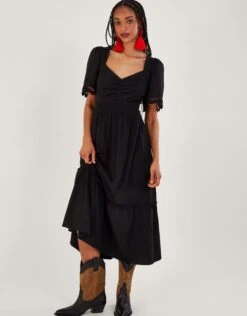 MONSOON Broderie Trim Midi Dress Black