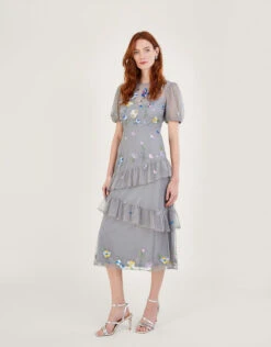 MONSOON Gwendolyn Embroidered Tiered Midi Dress Grey