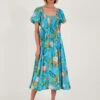 MONSOON Limella Floral Print Shirred Dress In Sustainable Viscose Blue -Amour Fashion 21 54087302 1