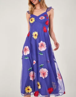 MONSOON Micaela Floral Embellished Midi Dress Blue