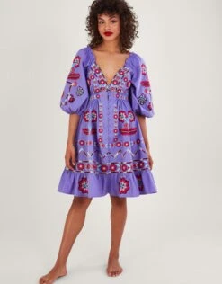 MONSOON Serena Embroidered Knee-Length Dress Purple -Amour Fashion 21 54088404 1