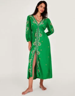 MONSOON Embroidered Maxi Kaftan Dress In LENZING™ ECOVERO™ Green