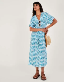 MONSOON Tie Dye Print Shirred Bodice Kaftan Dress Blue