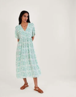 MONSOON Tie Dye Print Shirred Bodice Kaftan Dress Blue