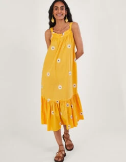 MONSOON Sunflower Embroidered Halter Midi Dress Yellow