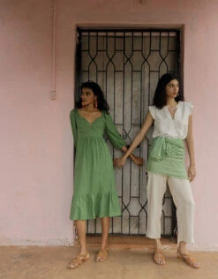 MONSOON Melanie Tea Dress In Linen Blend Green