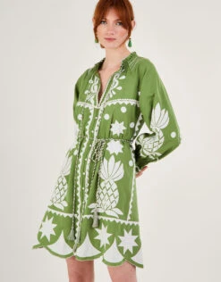 MONSOON Embroidered Pineapple Applique Dress In Linen Blend Green -Amour Fashion 21 54272707 1